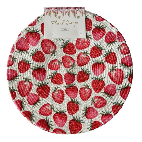 4 pc Braided Placemat Set 15” Rnd STRAWBERRY Floral Escape Red White Easy Care - Picture 1 of 8